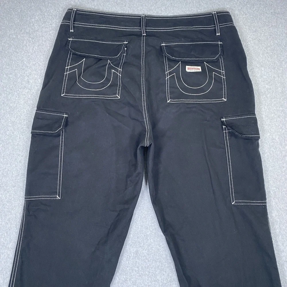 True Religion Cargo Pants Mens 36 Black White Contrast Stitch Horseshoe Logo